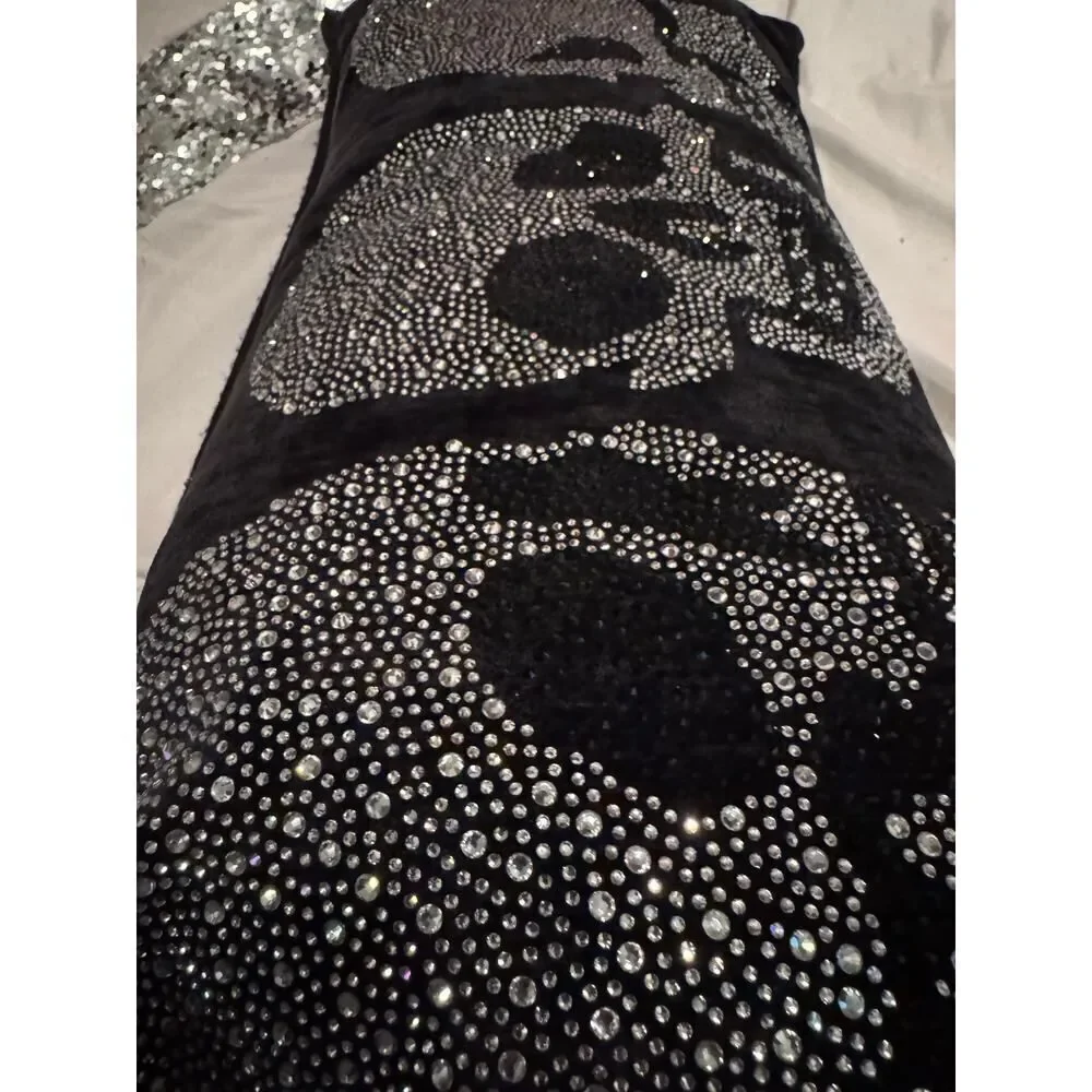 M. Magaschoni designer black velvet feather lumbar pillow accent/skulls bling